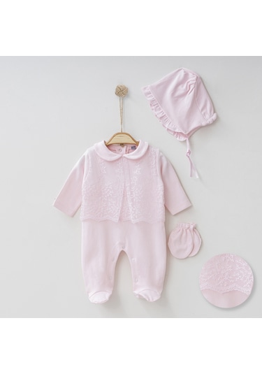 Buse&Eylül Bebe Pembe Uzun Tüllü 3 Parça Kız Bebek Tulum Takım-Pembe