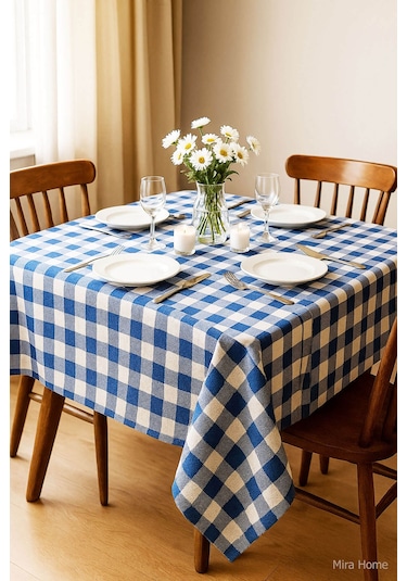 Mira Home Kareli Masa Örtüsü Sofra Bezi 160x160 Cm Happytime Mavi
