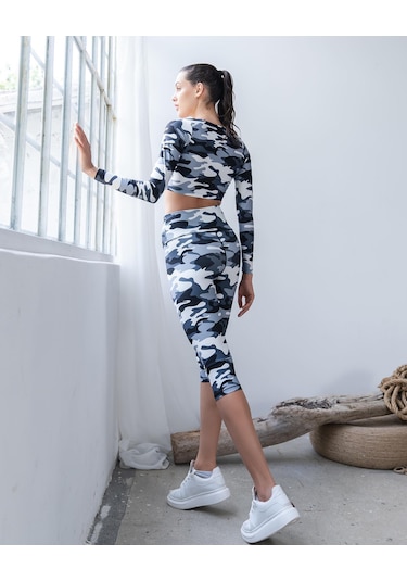 Kamuflaj Desen Toparlayıcı Spor Kapri Tayt Gri Kamuflaj