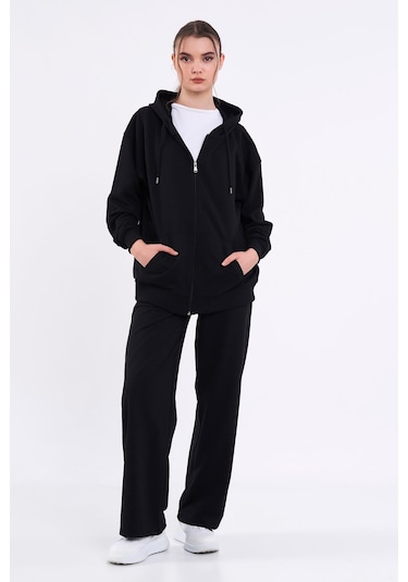Kadın Siyah Normal Kalıp Basic Beli Lastikli Kapüşonlu Oversize Mevsimlik Alt Üst Eşofman Takımı Cmre7367 Siyah