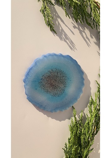 Deniz Mavi Tonlu Siyah Sim Dalgalı Yuvarlak Epoksi Bardak Altlığı Mavi