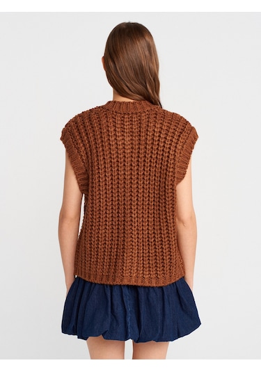 Dilvin 60961 Bisiklet Yaka Yumuşak Dokulu Cepli Düğmeli Triko Yelek-karamel Karamel