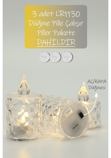 3 Lü Elmas Kristal Desenli Led Mum Seti Pilli Dumansız Alevli Dekoratif Yapay Mum Sarı