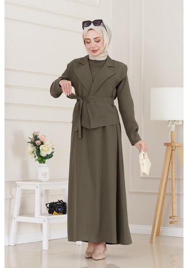 Tensel Yelekli Asel Elbise-haki-5046 Haki
