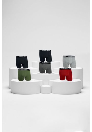 Franco Renzo Erkek 6'lı Lüx Kutulu Pamuklu Ve Likralı Boxer Siyah - Haki - Antarsit - Gri -kırmızı
