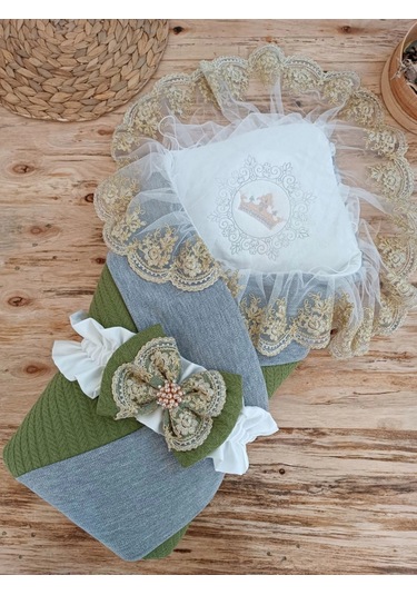 Yenidoğan Teri Cotton Taç Nakışlı Prizma Taş Kundak Bebek Battaniyesi Yeşil