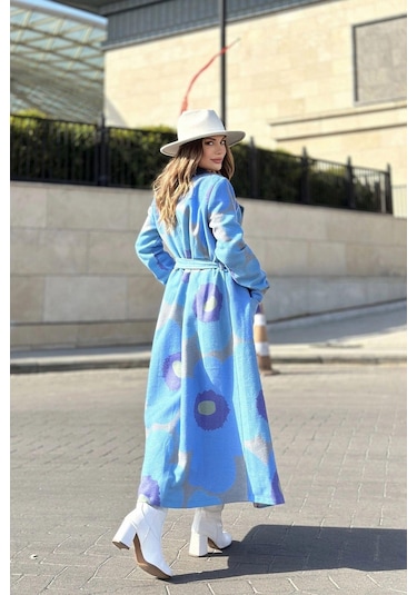 Kadın Mavi Desenli Astarlı, Ceket Yaka, Beli Kemerli, Rahat Kalıp, Digital Baskı, Uzun Kaşe Kaban Mavi