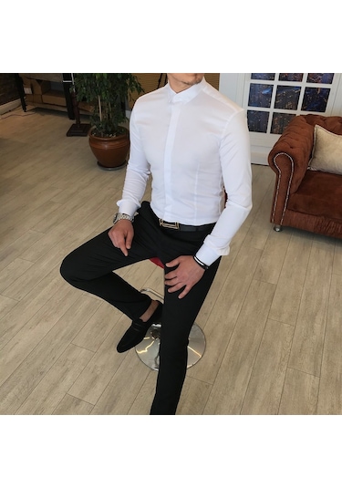 Italyan Kesim Slim Fit Erkek Küçük Yaka Gömlek Beyaz T4800