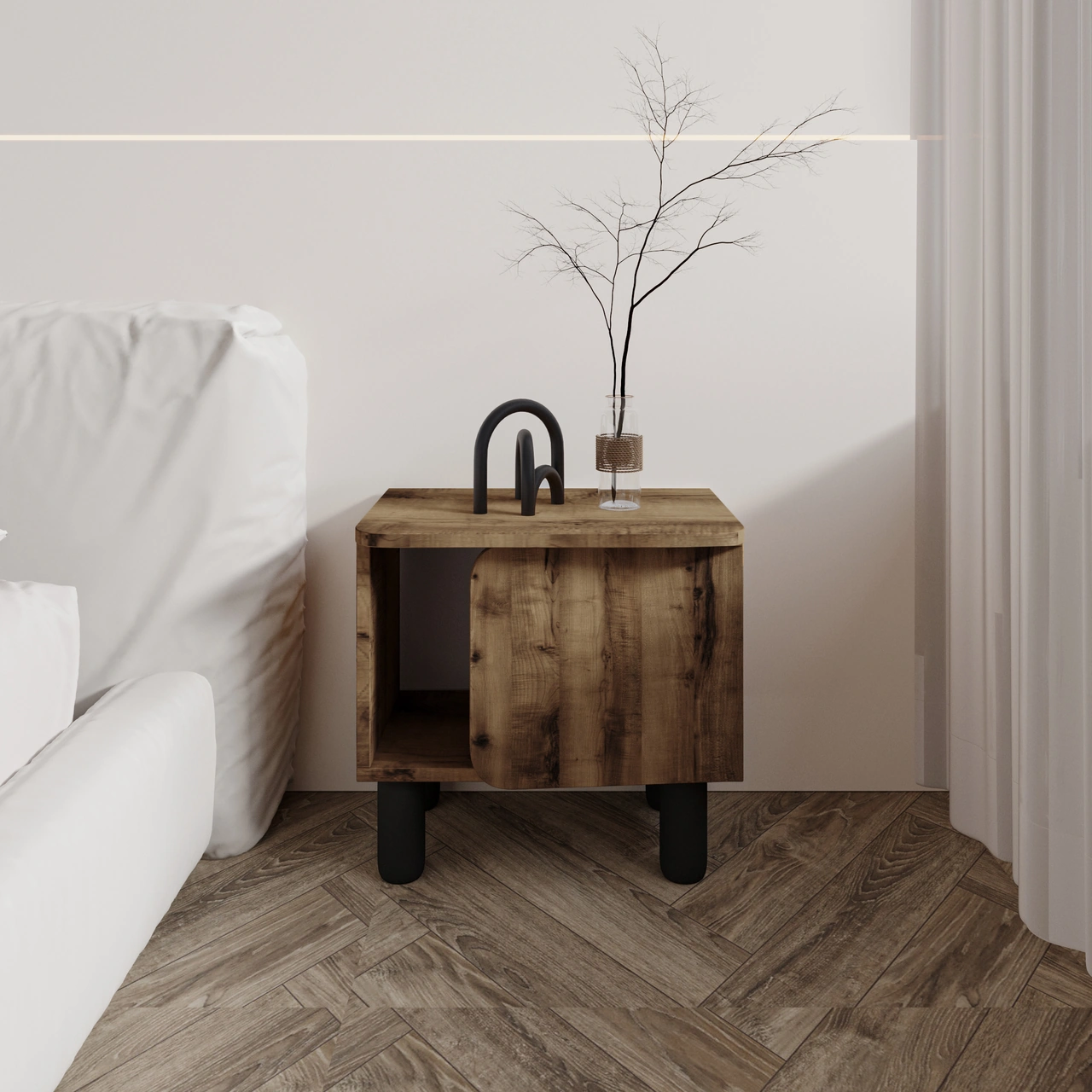 River Komodin Şık Ve Fonksiyonel Başucu Sehpası Antik Ceviz