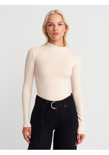 Dilvin 31433 Yarım Balıkçı Yaka Top-bej Melanj Bej Melanj