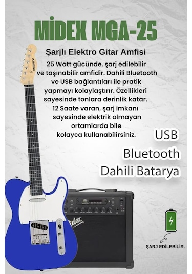 Midex Tlx-50bl-25amp Tele Kasa Maple Klavye 2 Single-coil 25w Amfili Elektro Gitar