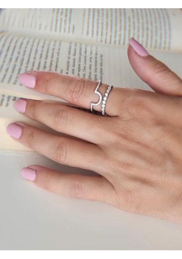 Oval İki Sıralı Taşlı Model Ayarlanabilir Silver Gümüş Renkli Yüzük Silver