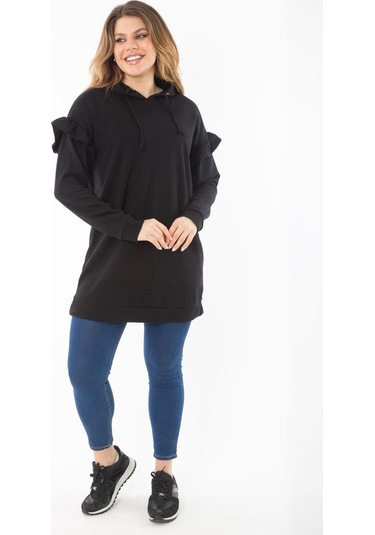 Kadın Büyük Beden Siyah İçi Şardonlu Üç İplik Kol Detaylı Kapşonlu Sweatshirt 65n37299-siyah Siyah