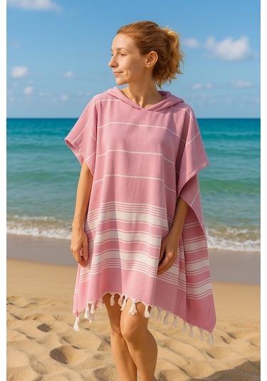 %100 Pamuk Yetişkin Peştemal Panço Bornoz Plaj Havlusu Pembe L-xl Pembe
