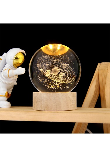 Mufunye 6cm Dünya Kristal Top + 6cm Yuvarlak Isımsı Işıklı Ahşap Tabanlı Usb Güneş Sistemi 3d Işıklı Masaüstü Dekoratif Aydınlatıcı Hediyelik Ürün