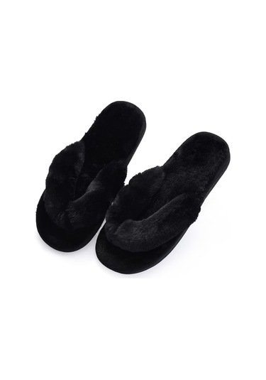 Reedark 2024 Kadın Ev Terliği - Yumuşak Tavşan Tüyü, Kaymaz Tabanlı Siyah Sıcak Ayakkabı Siyah