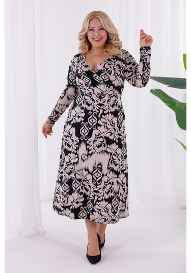 Kadın Siyah Bej Etnik Desen Kruvaze Yaka Büyük Beden Esnek Maxi Elbise Siyah - Sarı