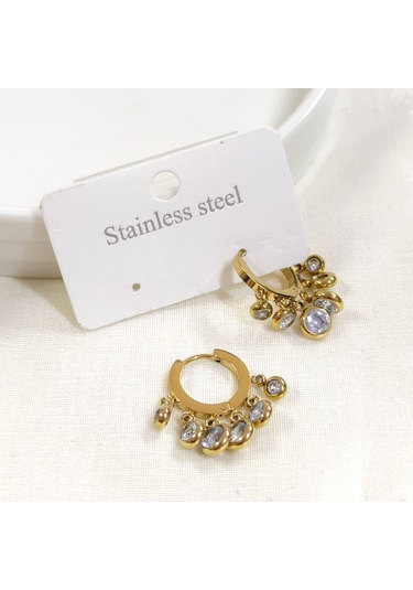 Çelik Shak Sallantılı Taşlı Halka Küpe - Altın Sarı Beyaz