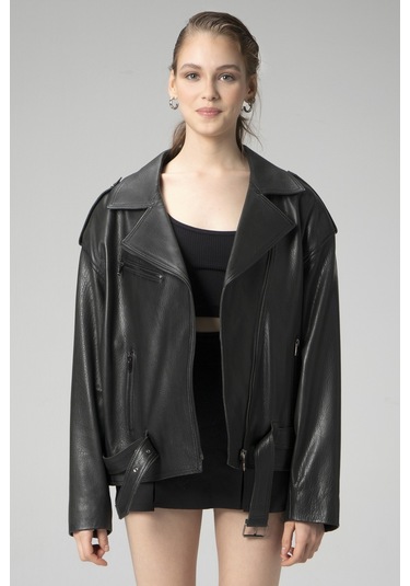 Siyah Dericlub Wm031 Jumbo Oversize Biker Gerçek Deri Unisex Mont