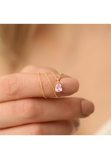 925 Ayar Gümüş Pembe Damla Taşlı Kolye
