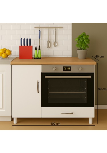 100lük Ankastre Fırın Ve Ocak Dolabı, Set Üstü Ocak Dolabı, Çok Amaçlı Dolap, Mutfak Dolabı Meşe - Beyaz