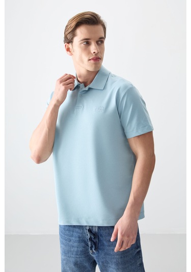 Açık Mavi Pamuklu Kalın Yumuşak Dokulu Polo Yaka Oversize Fit Basic Erkek T- Shirt - 88381 Açik Mavi