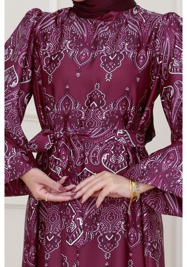 Balon Kol Saten Adel Elbise-mürdüm-5235 Mürdüm