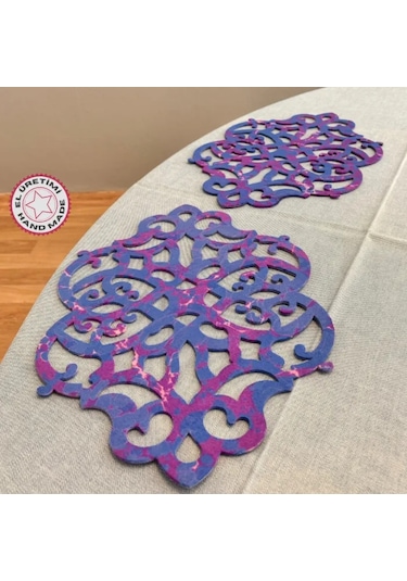 Uretti - Gülin 6449 - Ebru Sanatı İle Elde Yapılmış Lazer Kesim Keçe Supla 2li Takım 40cm - Mor Mor