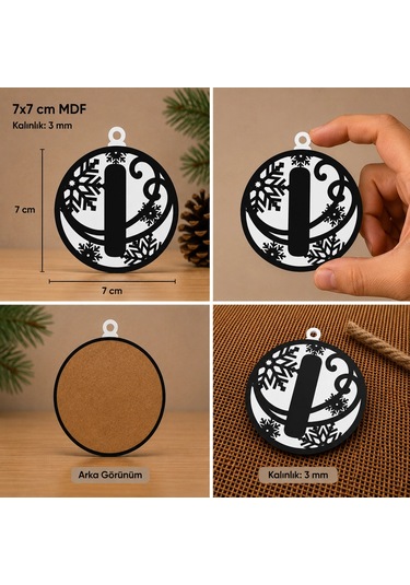 I Harf Yılbaşı Süsü Mdf Çam Ağacı Desenli Asılabilir Dekor 7x7 Cm