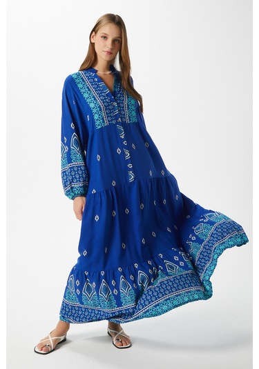 Modest Kadın Andrea Mavi %100 Viskon Maksi Boy Yazlık Elbise Çok Renkli