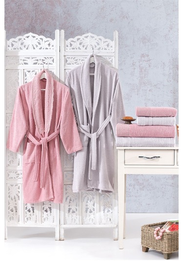 Family Dantelli Pudra & Lila Aile Bornoz Seti 6 Parça Çeyizlik Ka