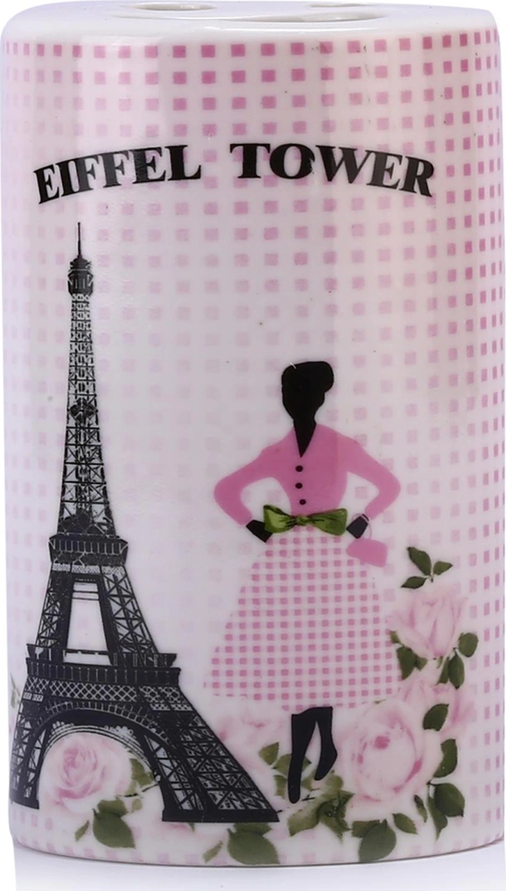 2 Adet Seramik Diş Fırçalık Eyfel Kulesi Model 7x7x11cm Banyo Seti Çok Renkli