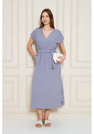 Kadın Kruvaze Yaka Cepli Derin Yırtmaçlı Beli Lastikli Aerobin Günlük Yazlık Elbise 3764341 Gri