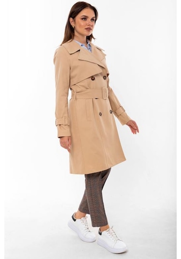 Pastelastore %100 Pamuk Gabardin Midi 95cm Astarlı Kemerli Kadın Trençkot 1113 Açık Bej
