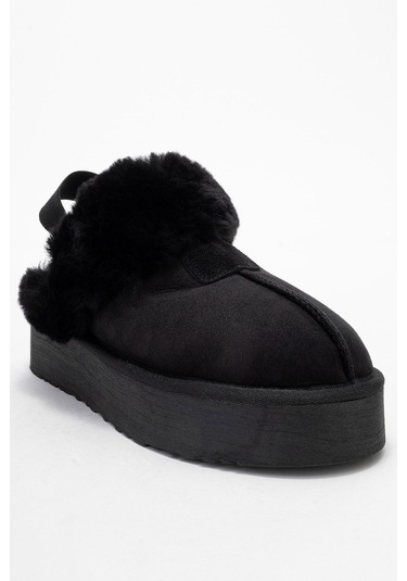 Olessa Siyah Hakiki Deri Süet Kadın Kürklü Terlik Siyah