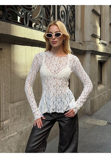 Kadın Bisiklet Yaka Full Esnek Dantel Bürümcük Spor Şık Tasarım Asimetrik Kesim Gece Bluzu Beyaz