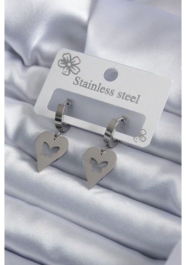 316l Çelik Gümüş Renk Kalp Model Kelebek İşleme Kadın Küpe Renkli