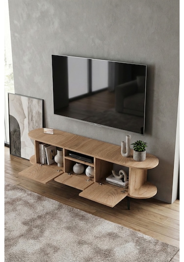 Tv Sehpası 160 Cm Modern 3 Kapaklı Tv Sehpa Çok Amaçlı Konsol Ünitesi Mira Bej