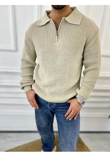 Kazak Oversize Tüylenmez Naturel Pamuk Fermuarlı Polo Yaka Örme Triko Kazak Krem