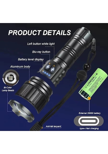 Bedotech Bd-14 10w Tg Led Alüminyum Alaşımlı Zoomlu Type-c Şarjlı El Feneri Çok Renkli