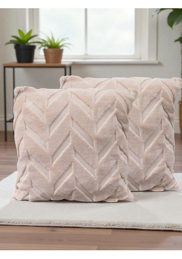 İskandinav Stil Peluş Yumuşak Dokulu Dekoratif Kırlent Kılıfı 2 Li Set 43x43 Cm Vizon Balıksırtı