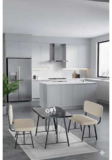 Elfin 70x110cm Sabit Bendir, Yemek Masası, Yemek Masası Takımı, 2 Krem Benchli Krem