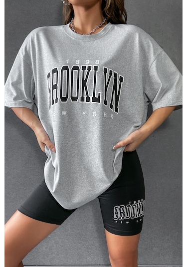 Modagen Kadın Gri Bisiklet Yaka Brooklyn Baskılı Oversize T-shirt-tayt Takım Gri-siyah