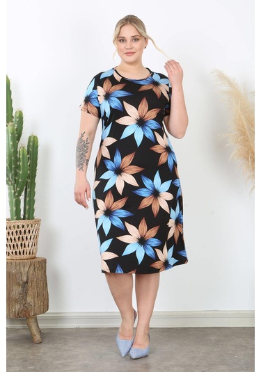 Kadın Mavi Kahve Çiçek Desen Midi Elbise Mavi Kahve Mavi - Kahverengi