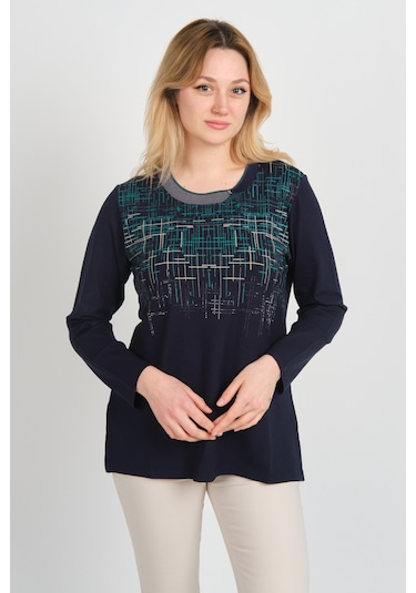 Detay Triko Kadın Taş Detaylı Desenli Yanları Yırtmaçlı Uzun Kol Anne Bluz 5741 Lacivert Lacivert