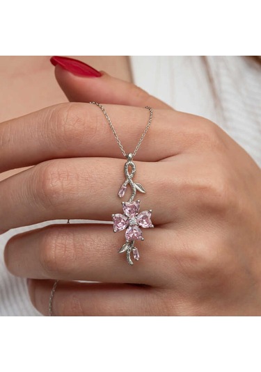 Gümüş Dönen Pembe Yonca Kadın Kolye Sl9052 Gümüş