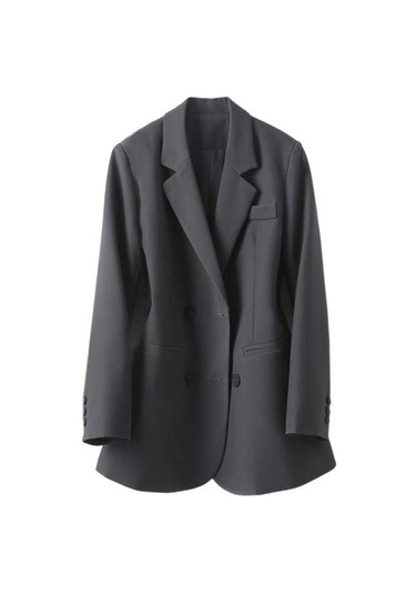 Kadın Takım Elbise Ceket Yaka Uzun Kollu Çift Sıralı Cepli Takım Elbise Ceket Düz Gri