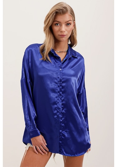 3985 Oversize Saten Gömlek - Saks 001