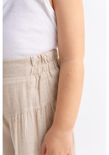 Oliventhekid Korsajlı Büzgülü Keten Kız Çocuk Pantolon Bej Bej