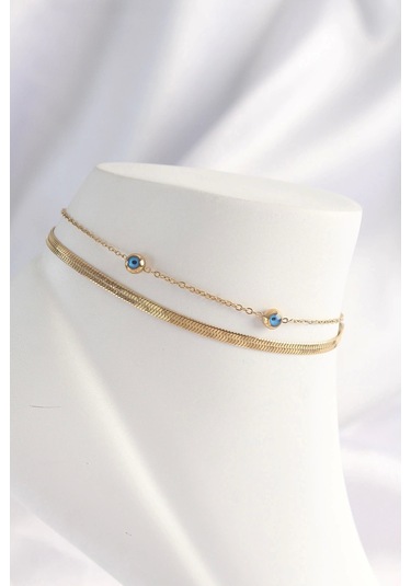 Ceylan Adam 316l Çelik Gold Renk Nazar Boncuk Tasarımlı 2li Halhal Çok Renkli